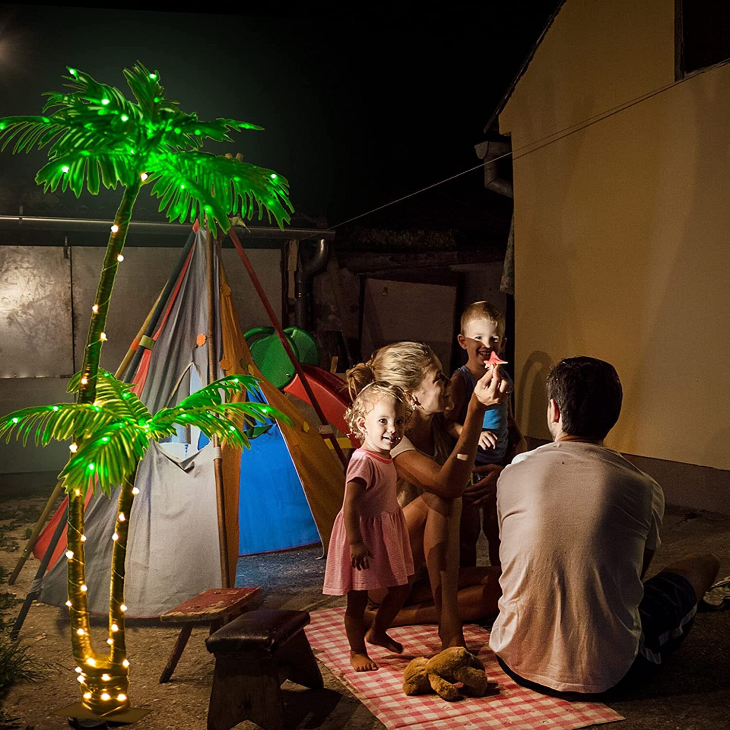 6FT Artificial Palm Tree 3 Trunks LED Lighted Outdoor Decor for Tiki Bar Party