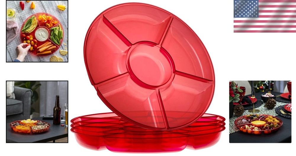 Round Plastic Serving Tray 6 Sections Reusable Durable Elegant Red 12 Inches