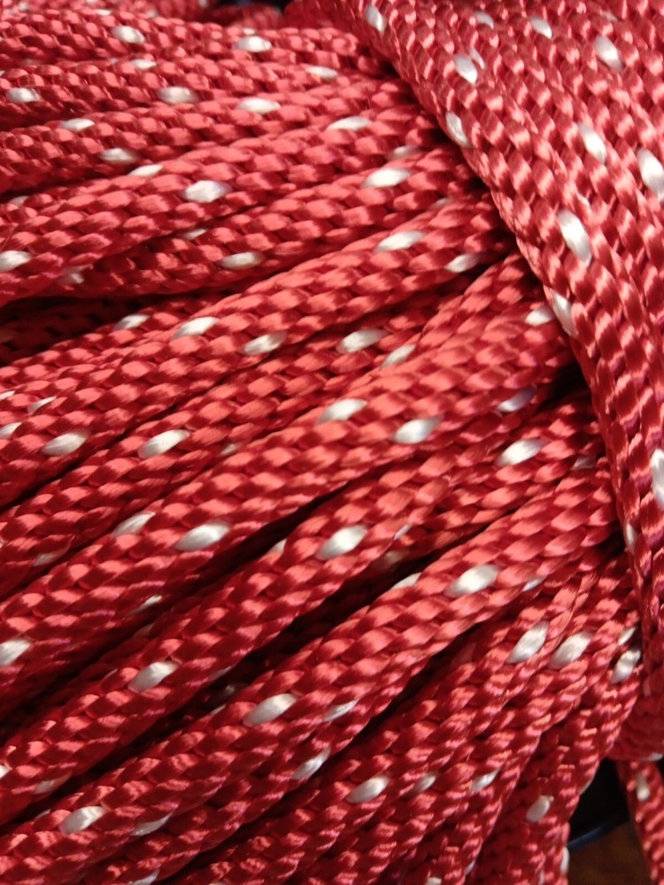 5/16” x 200 ft. Solid Braid Polyester Rope. Made in USA. Red/White