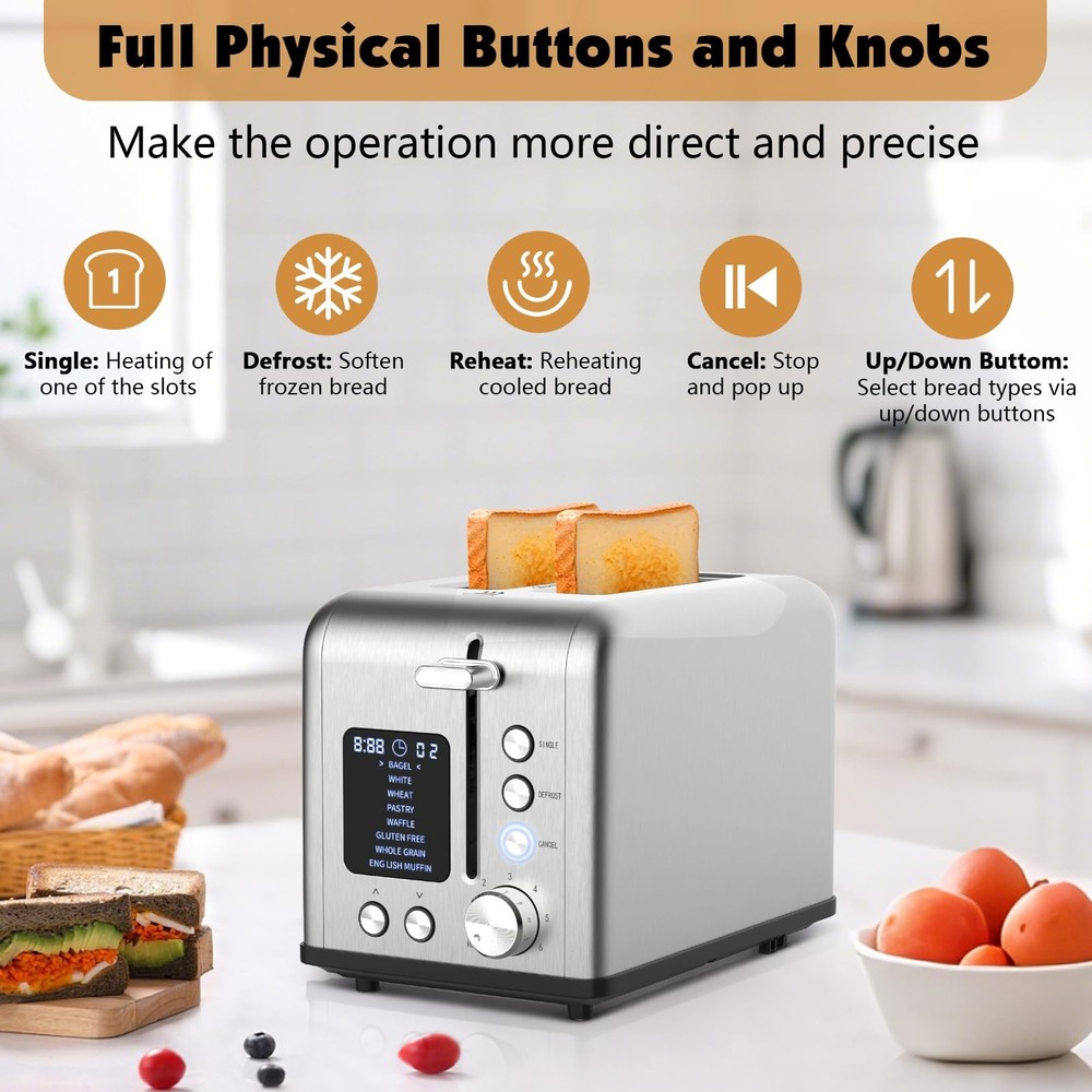 2-Slice Bagel Toaster Stainless Steel with Screen- Single Slice Function for Sin