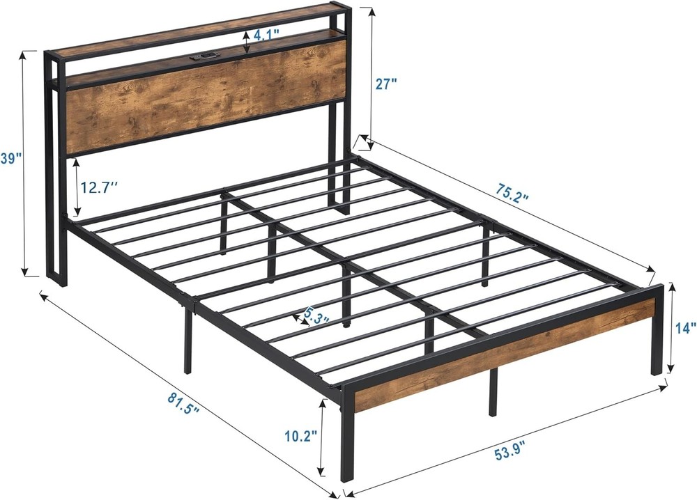 Full Size Metal Platform Bed Frame with Storage Headboard/USB Charging Station