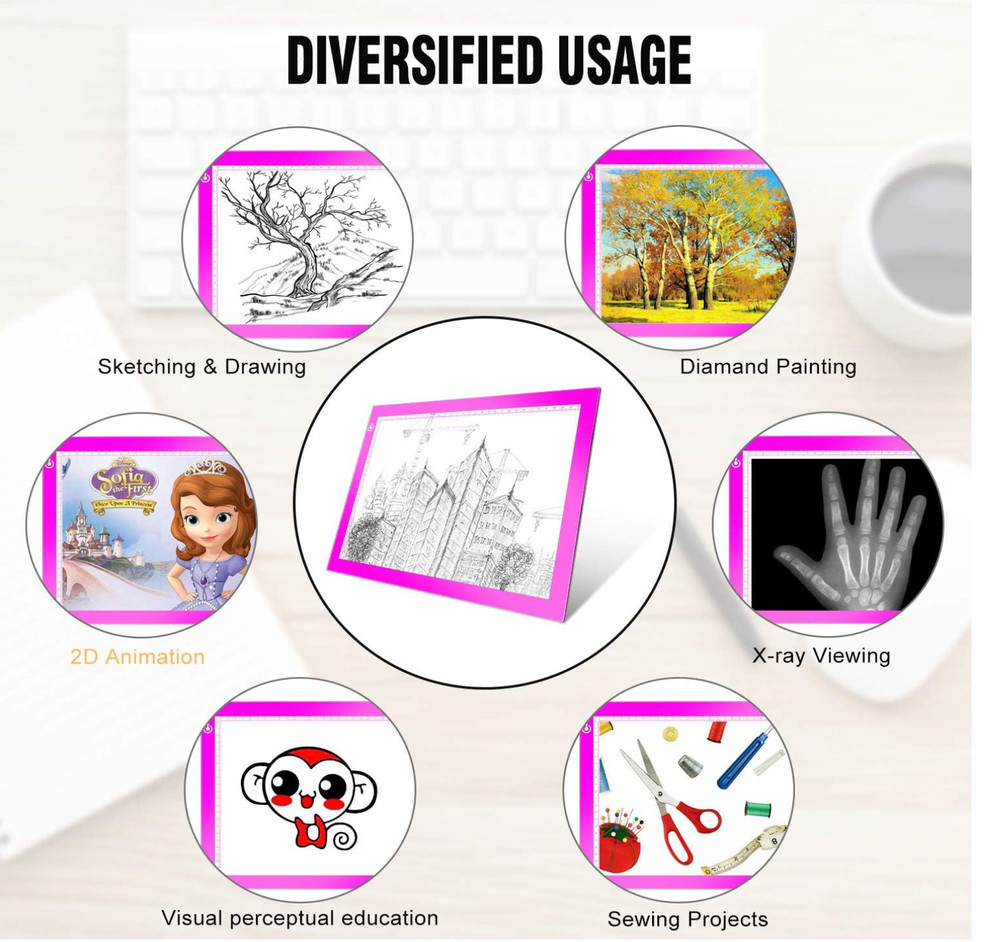 Portable A4 LED Copy Board Light Tracing Box, Pink Ultra-Thin Adjustable USB