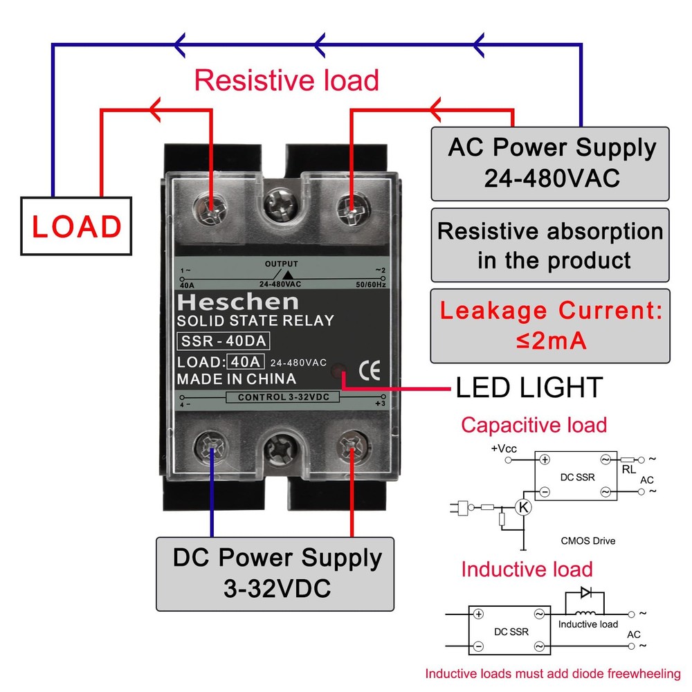 SSR-40DA Single Phase DC/AC Solid State Relay Input 4-32VDC Output 24-480V