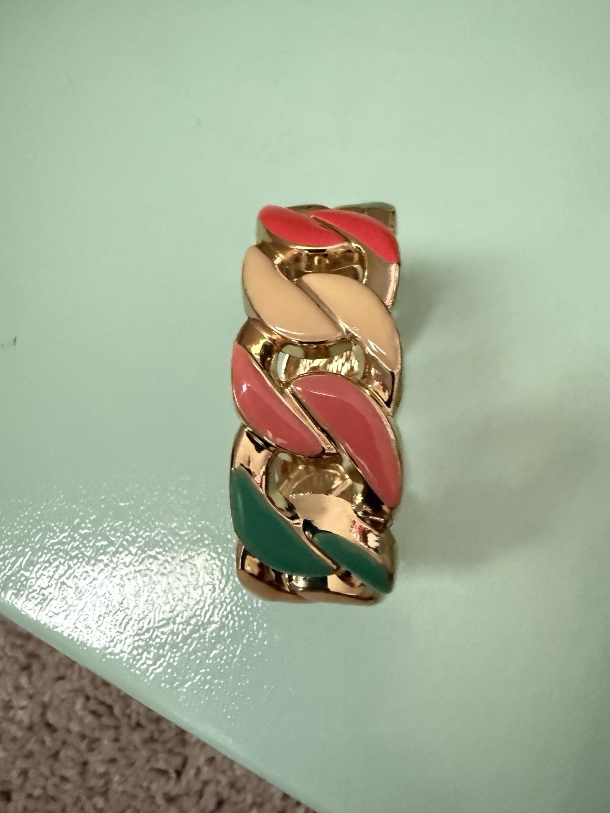 Vtg. Bracelet Gold Tone Enamel Hinged Clamp Openwork Spring colors