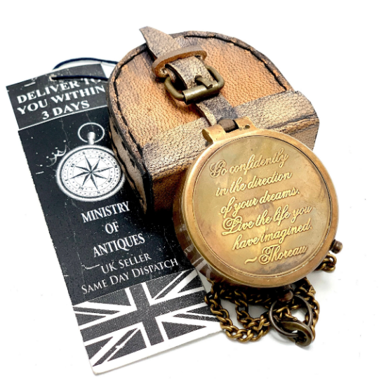 Engraved Pocket Compass & Key Chain Handmade Nautical Compass & Leather Pouch