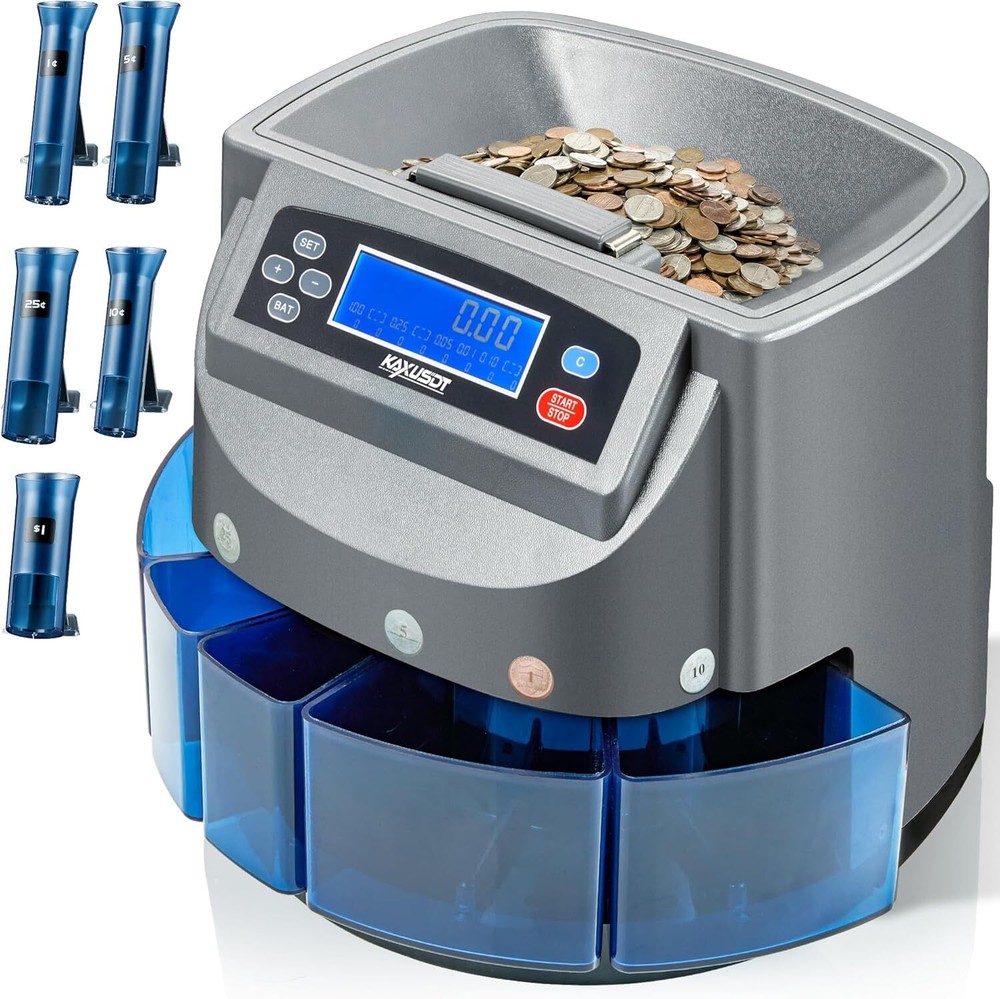 Coin Counter Machine 5 Coin Tubes Change Sorter and Wrapper Roller Machine