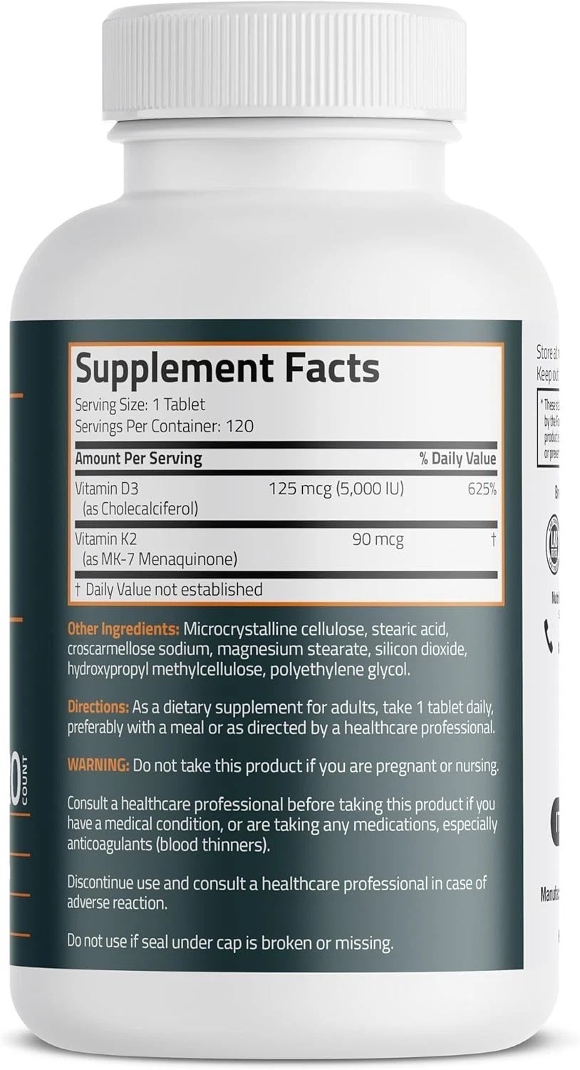 Bronson Vitamin K2 D3 (MK7) Supplement Non-GMO Formula 120 Count (Pack of 1)