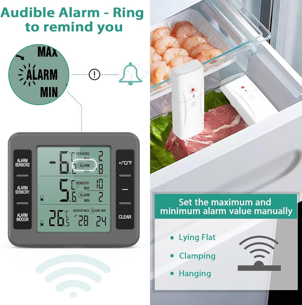 ORIA Refrigerator Thermometer, (New Version) Wireless Digital Freezer Grey