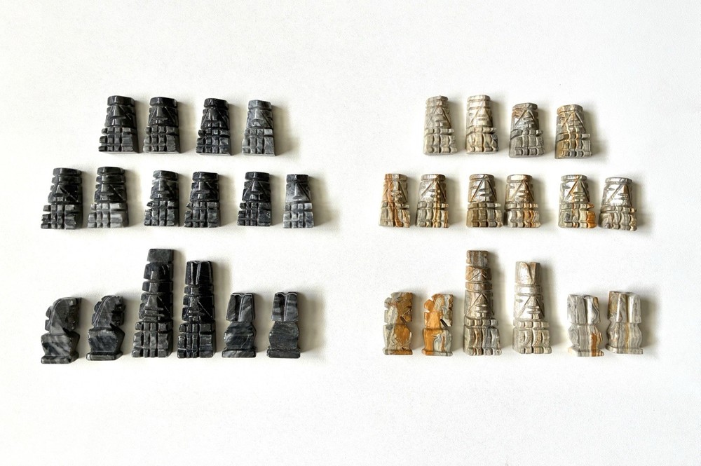 Hand Carved Mexican Aztec Marble Stone Chess Pieces – Missing Bishops