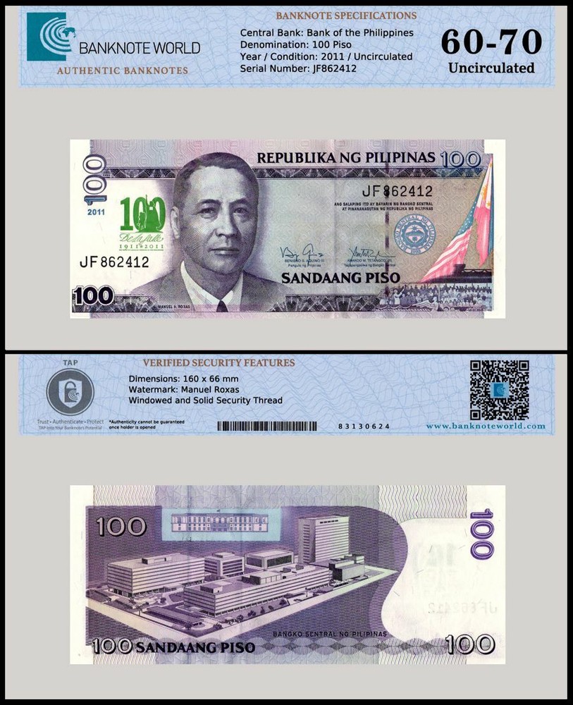 Philippines 100 Piso, 2011, P-212A, UNC, Commemorative, Authenticated Banknote