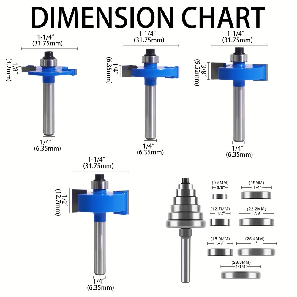 Rabbet Router Bits Set 4Pcs 1/4 Shank with Interchangeable Bearings