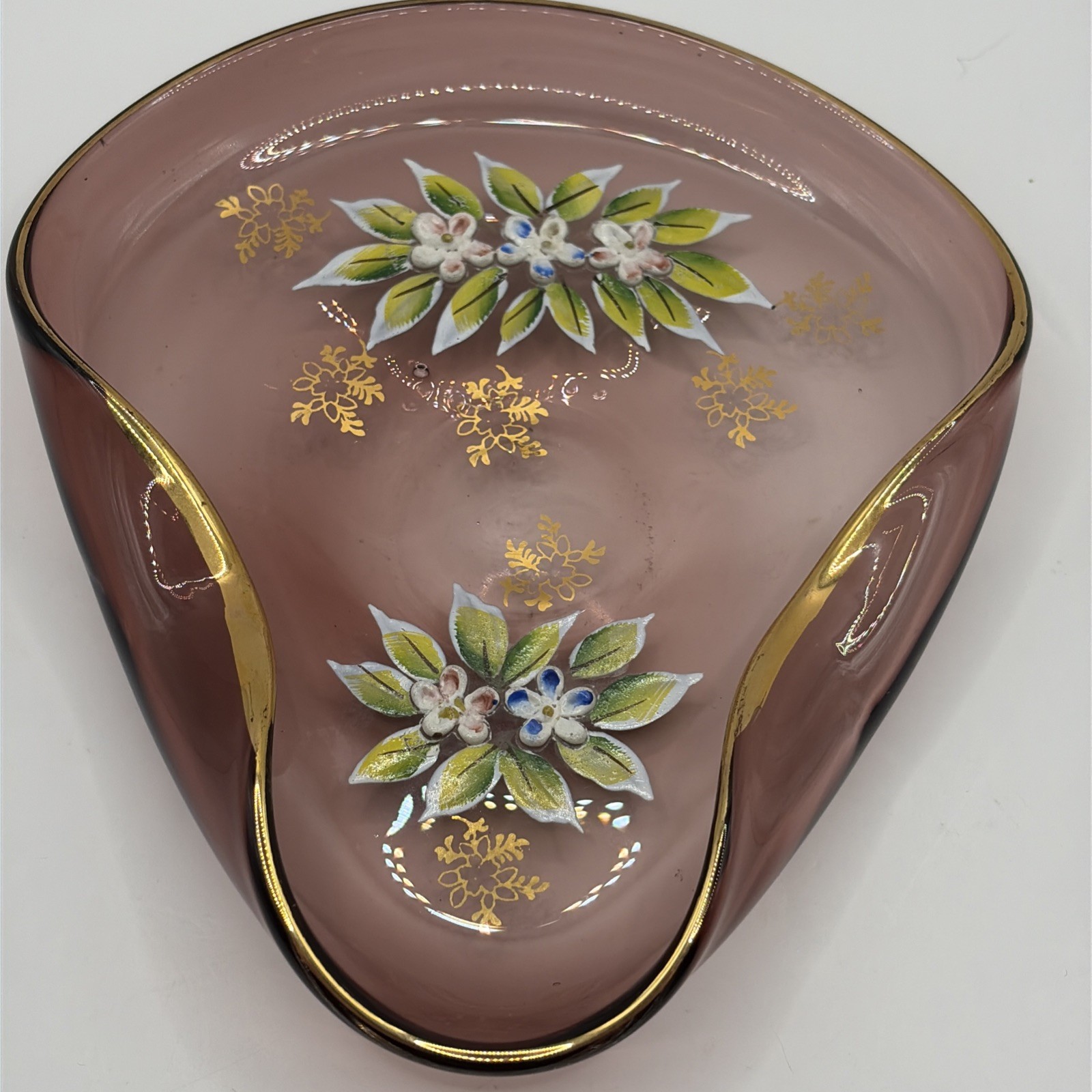 Vtg Bohemian Amethyst Glass Enamel Flower Dish Gilded Edge 6”x 1” Painted