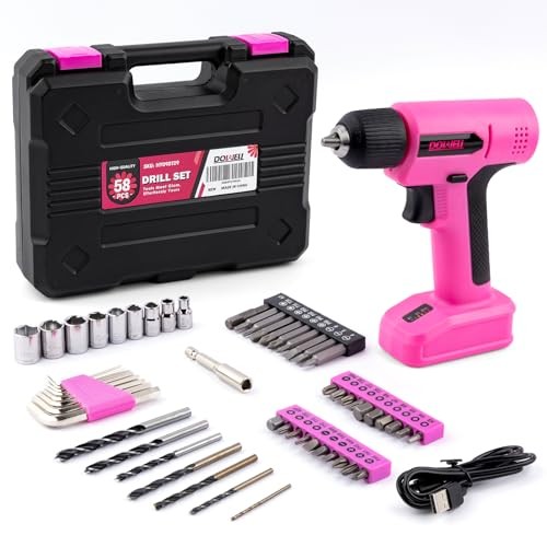 8V Cordless Drill Tool Set 58 PCS, Built-in LED, Variable Speed, Type-C Pink
