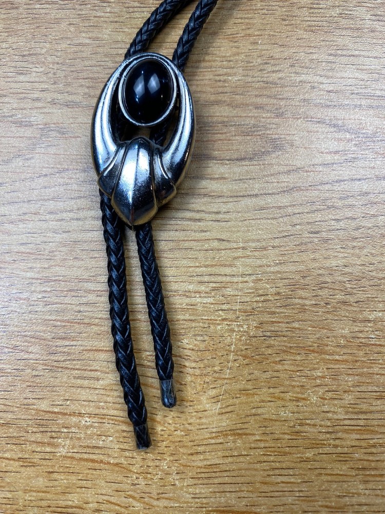 Silver Tone Bolo Tie with Black Stone