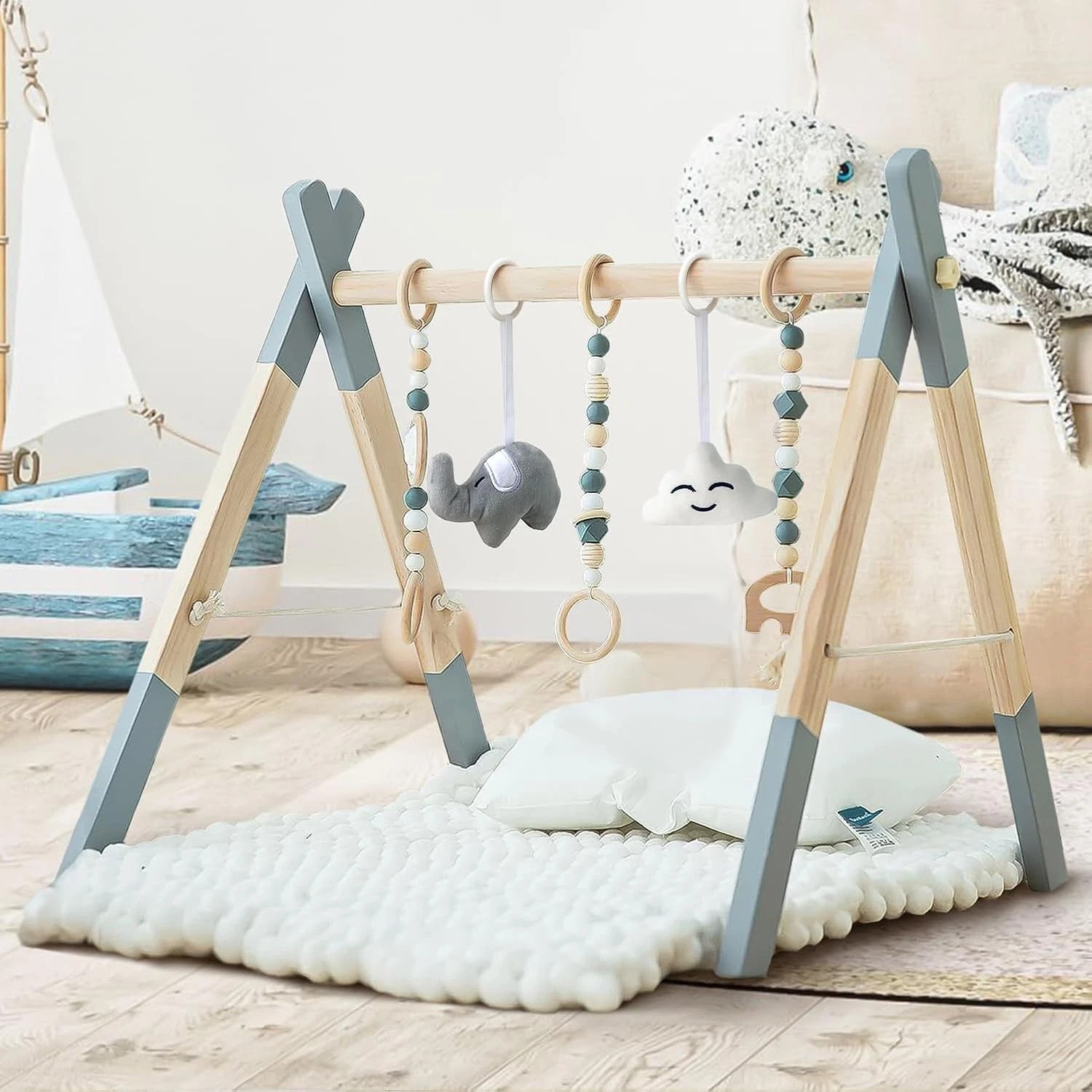 Natural Wooden Baby Play Gym: Foldable Activity Frame with 5 Stimulating Toys