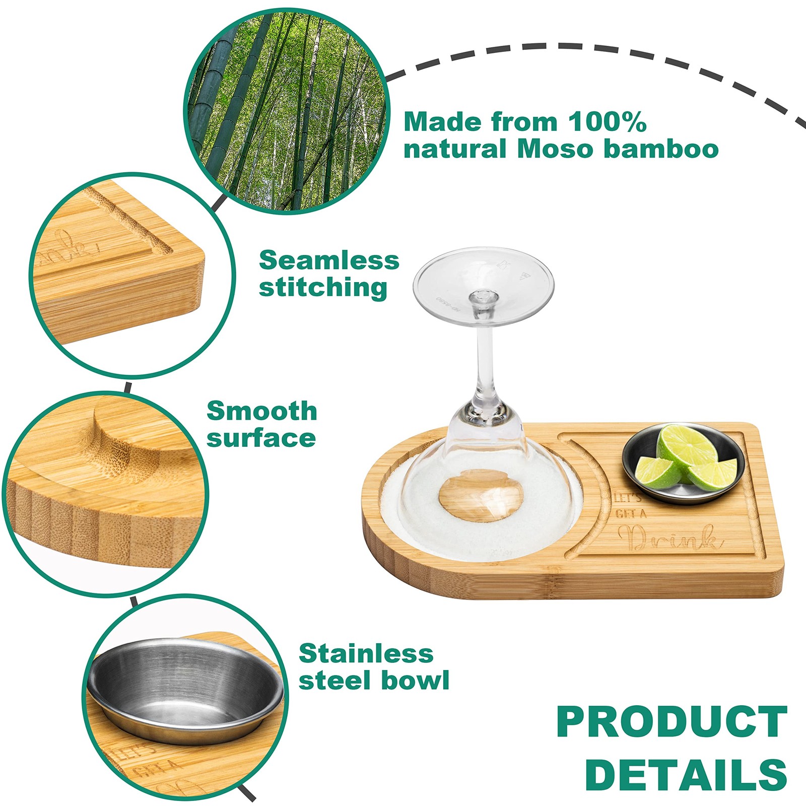 Bamboo Wood Cocktail Rimmer Tray, Glass Salt Sugar Rimmer for Margarita