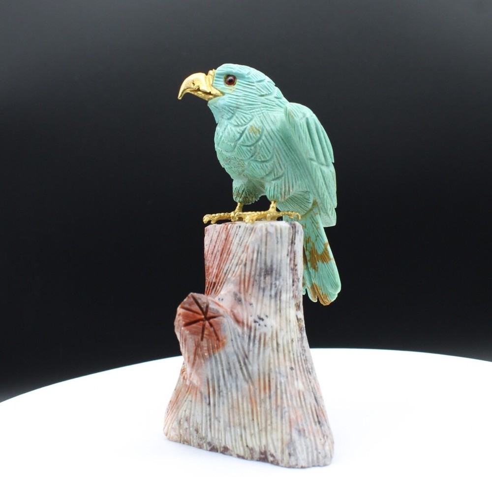 Natural Turquoise Handcrafted Eagle On An Ocean Jasper Trunk Base.