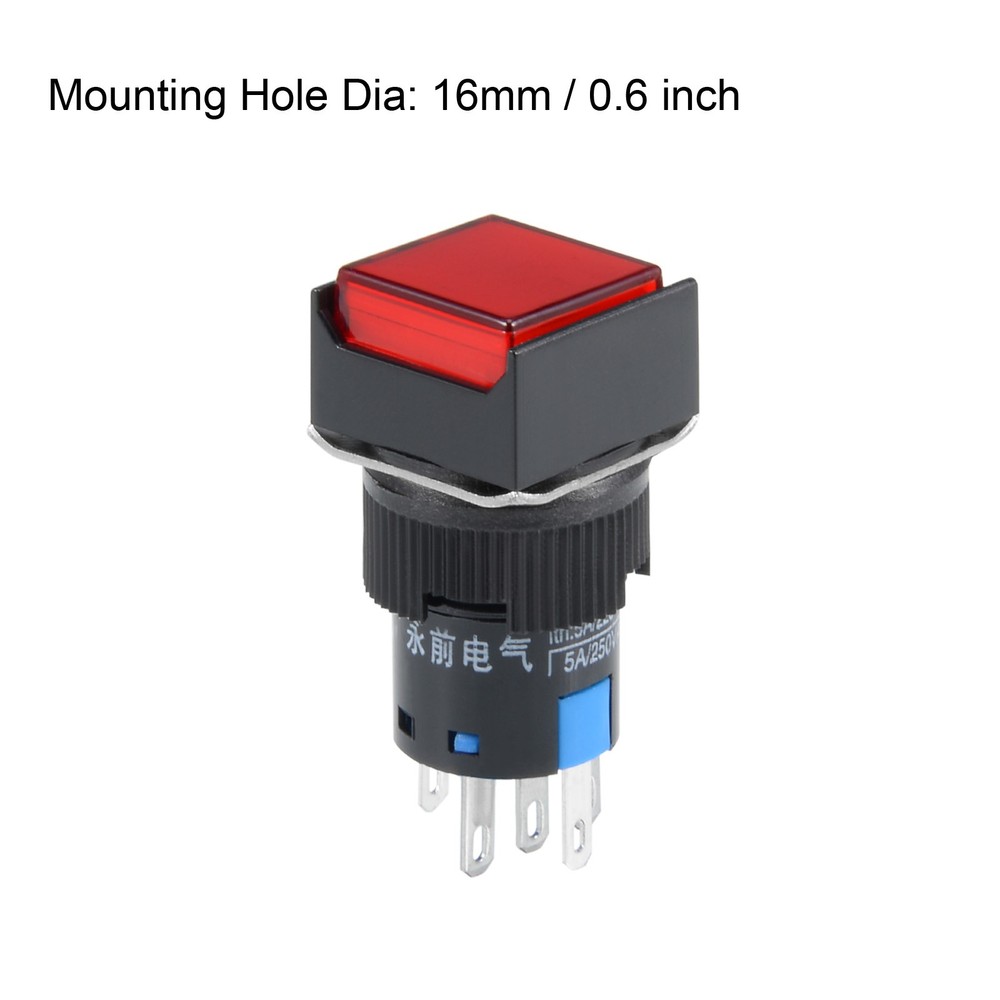 Push Button Switch 1NO 1NC Latching Square Button 16mm / Red / 2 Pcs