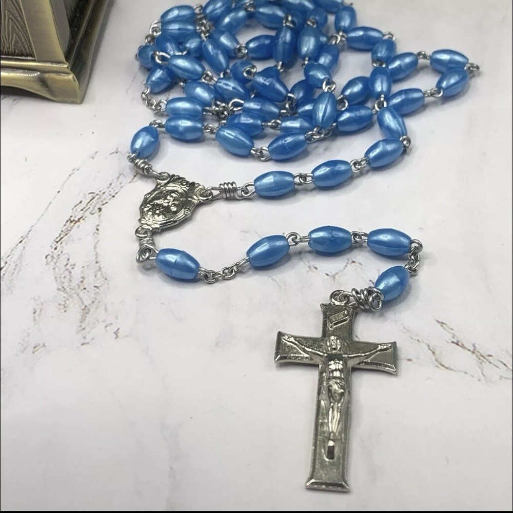 Pearly Blue Plastic Beaded Rosary 31” Catholic Christianity