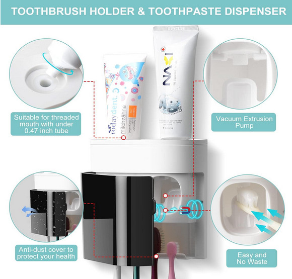 UV Toothbrush Holder Sterilizer w/ Automatic Toothpaste Dispenser Wall Mount
