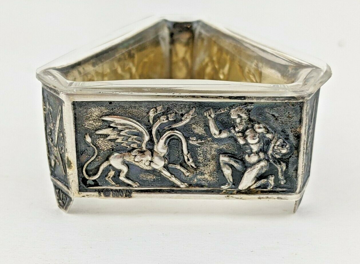 800 Silver Antique Germany Figural Mythology Glass Lined Salt Cellars RARE Pair