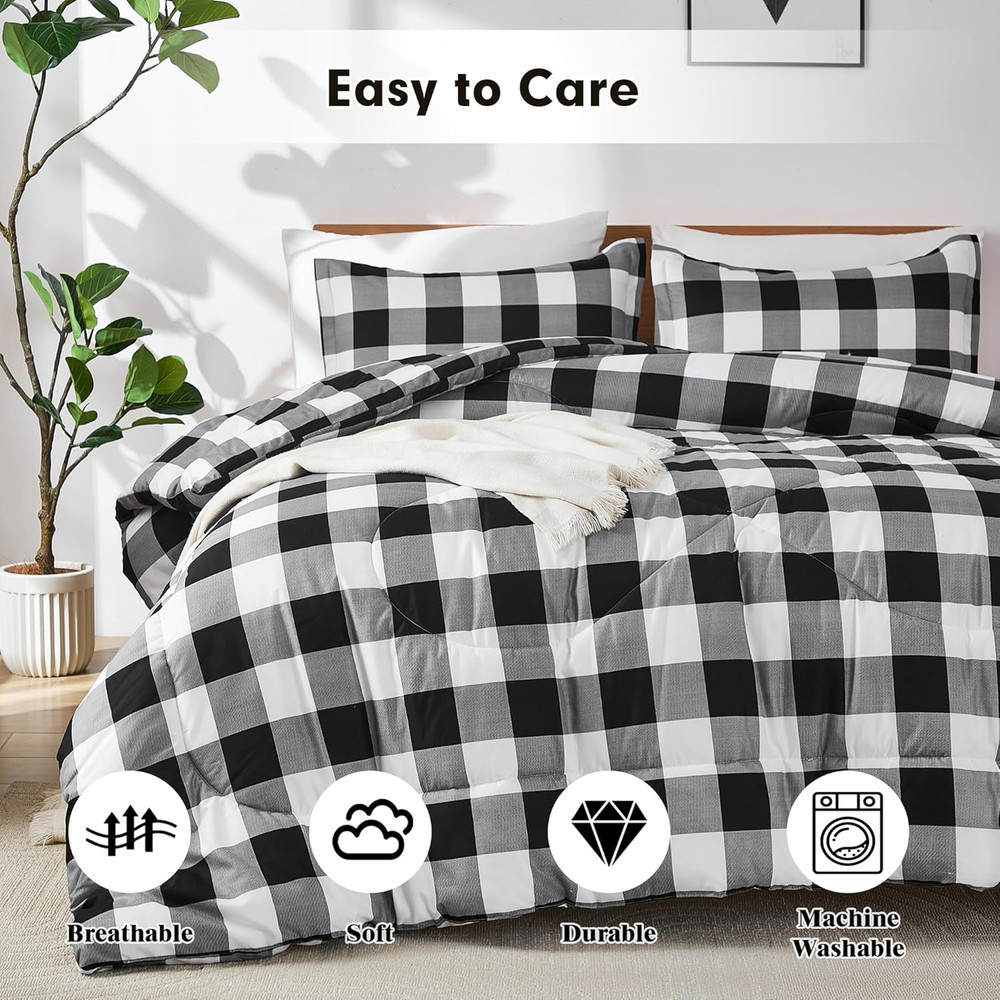 Black White Gray Grid Comforter Set, 3 Pieces Fluffy Gingham Checkered down Alte