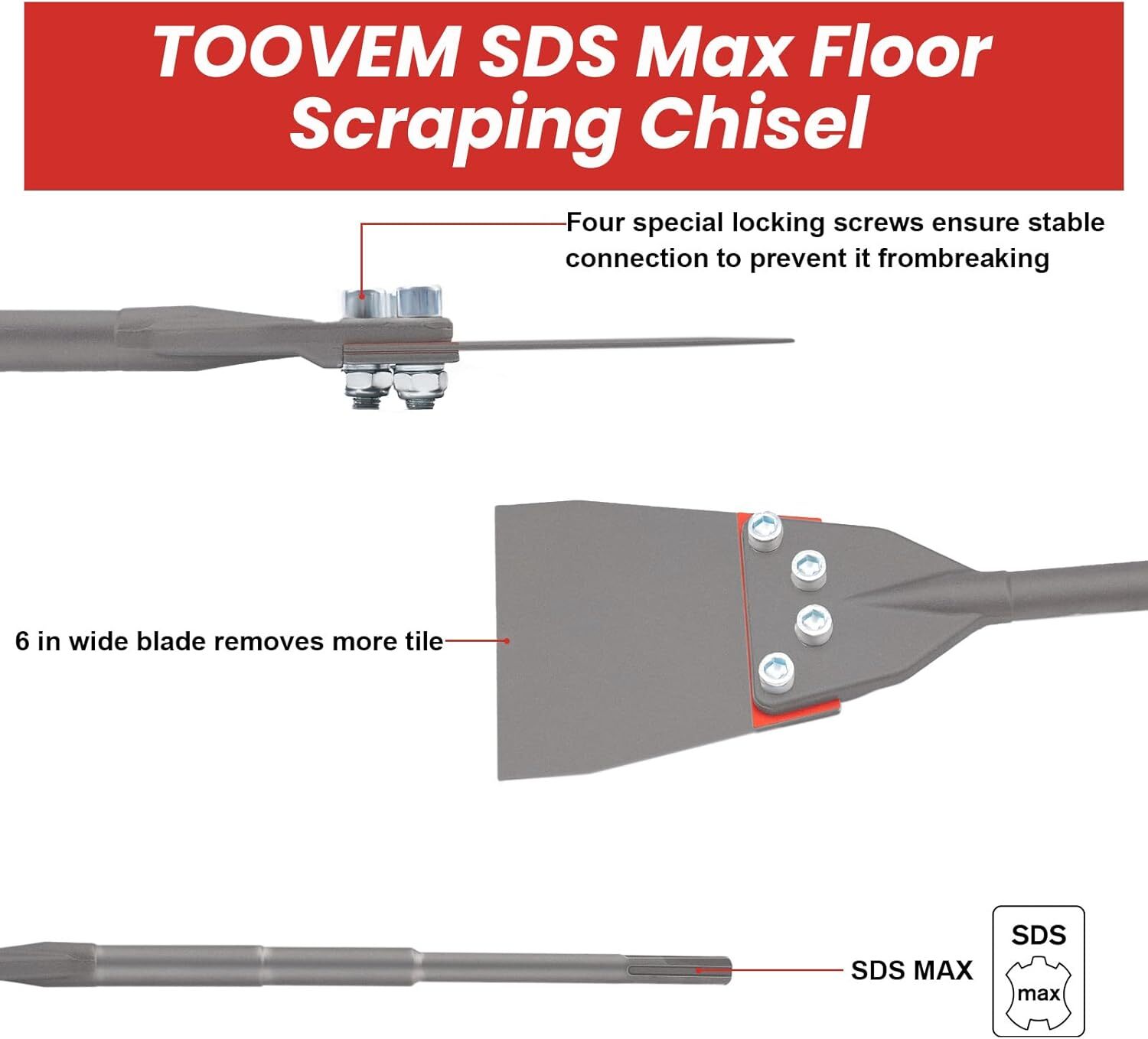 TOOVEM 24.5" SDS Max Floor Scraper 6” Wide Tile Removal Bit and Heavy Duty Blade