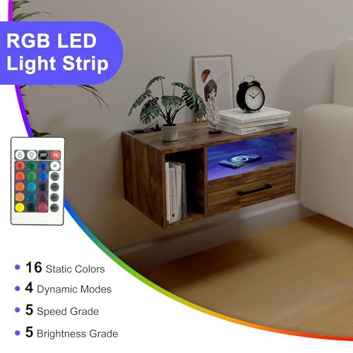 Floating Nightstand with Charging Station and LED Lights, Floating Rustic Brown