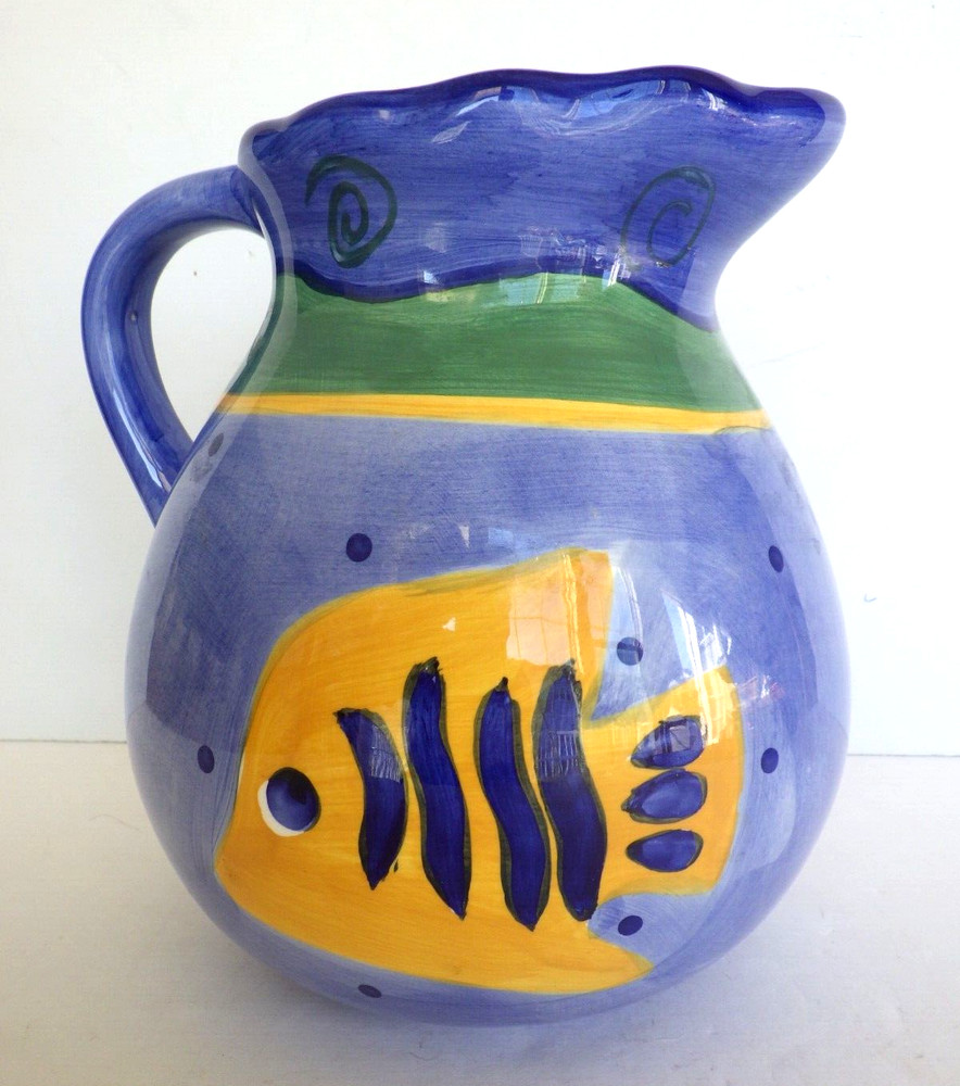 Haussen Ware Glazed Ceramic Handled Pitcher Nautical Fish Motif 80 oz.