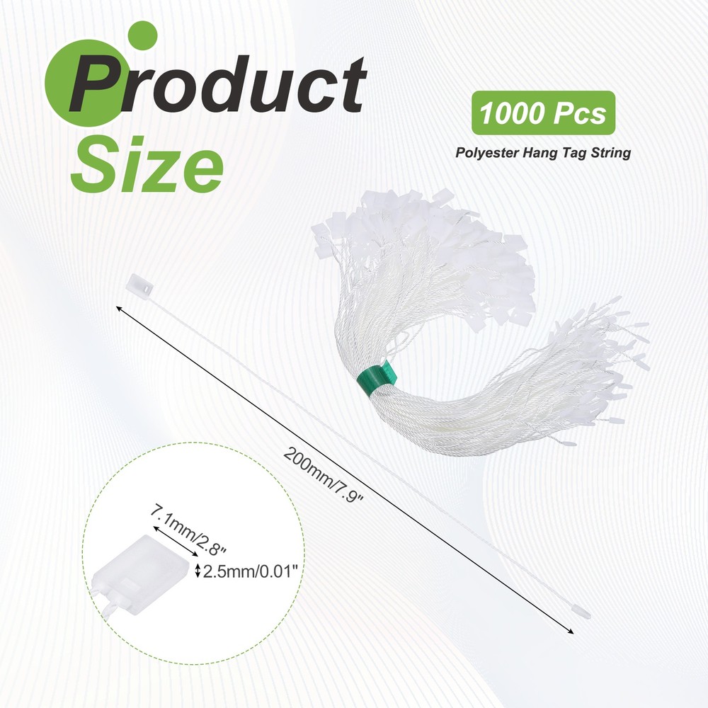 1000pcs Polyester Hang Tag String (7.9") - Plastic Snap Lock Pin Loop White
