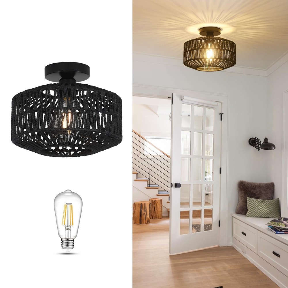 Rattan Light Fixtures Ceiling Mount,Boho Ceiling Light Fixture with Dimmable ...