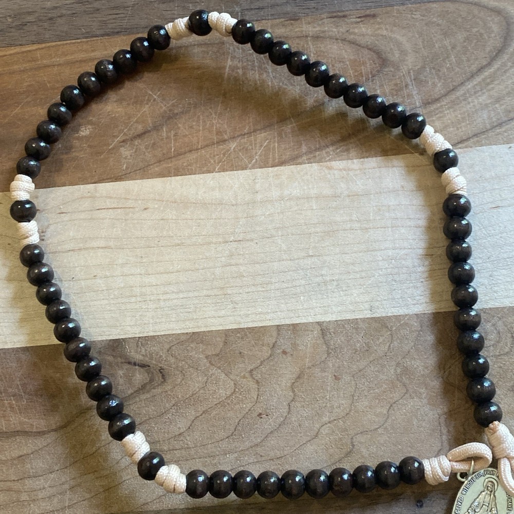 Sleeping Saint Joseph Wood & Cord Rosary 8mm Beads Trinity Crucifix 15.5”