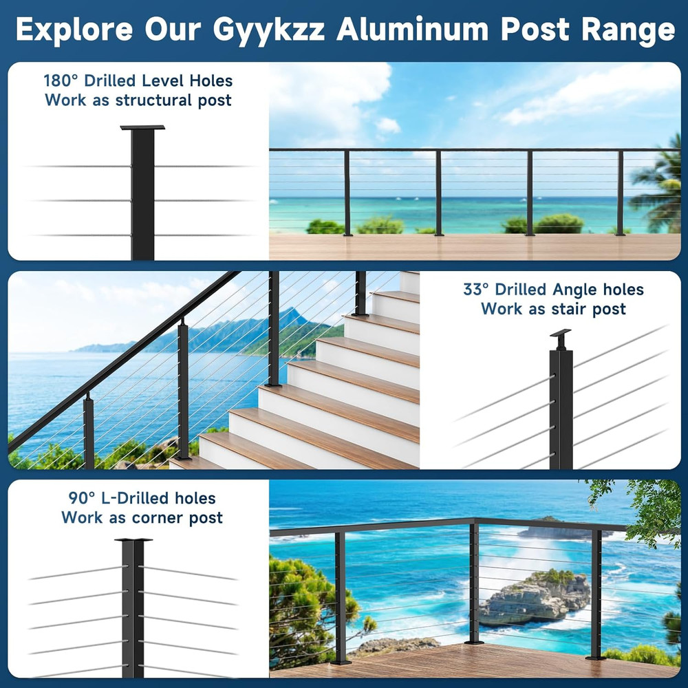 2 Pack 36" Black Aluminum Cable Railing Stair Post for Coastal Projects