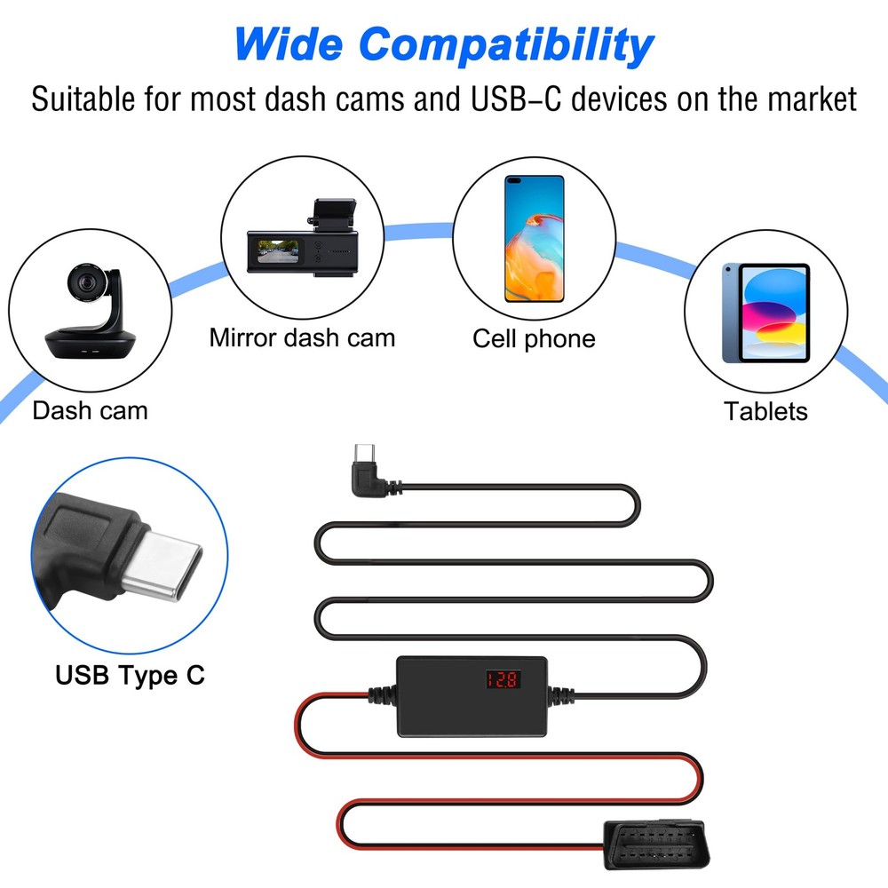OBD OBD2 Power Cable for Dash Camera, OBD2 to USB Type C Charger Cable with