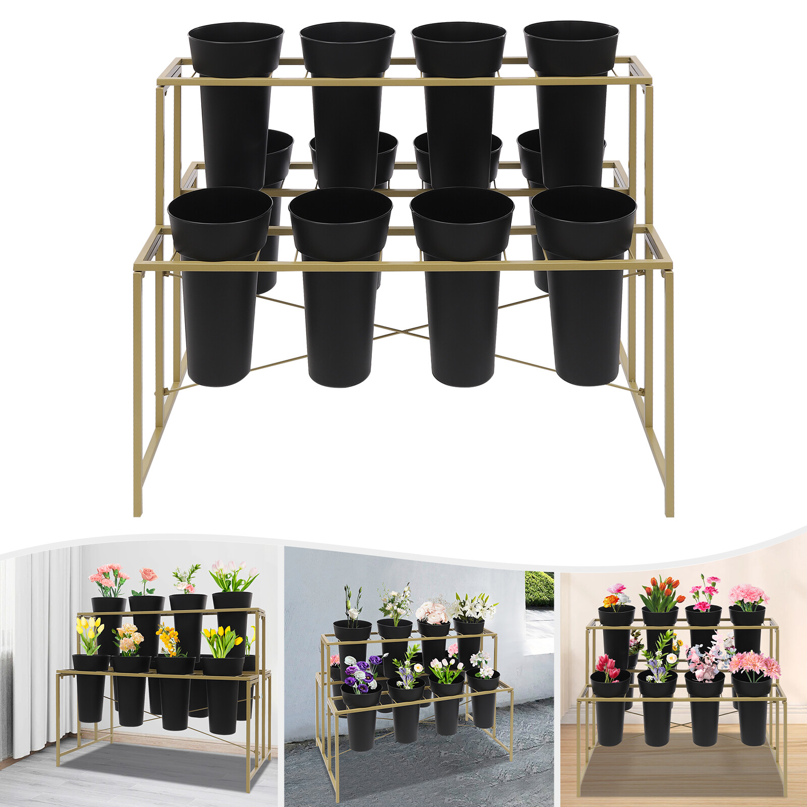 Flower Display Stand with 12 Pcs Buckets, 3 Tier Metal Stand, Indoor & Outdoor