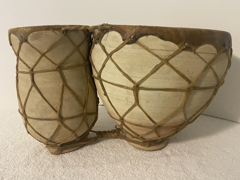 Vintage Terracotta Clay & Hide Double Bongo Drum Rustic Primitive Folk Art