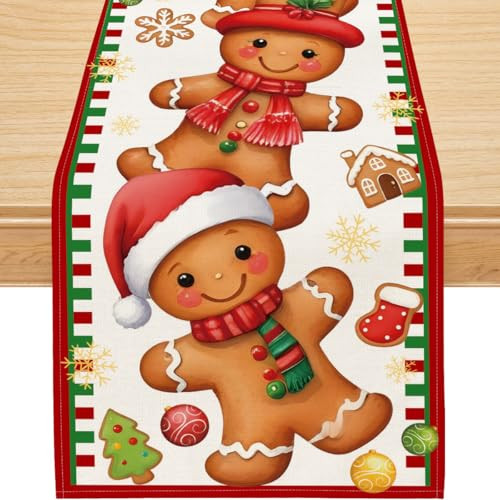 Christmas Table Runner, Gingerbread Decorations, Brown Cartoon Pattern, 13''