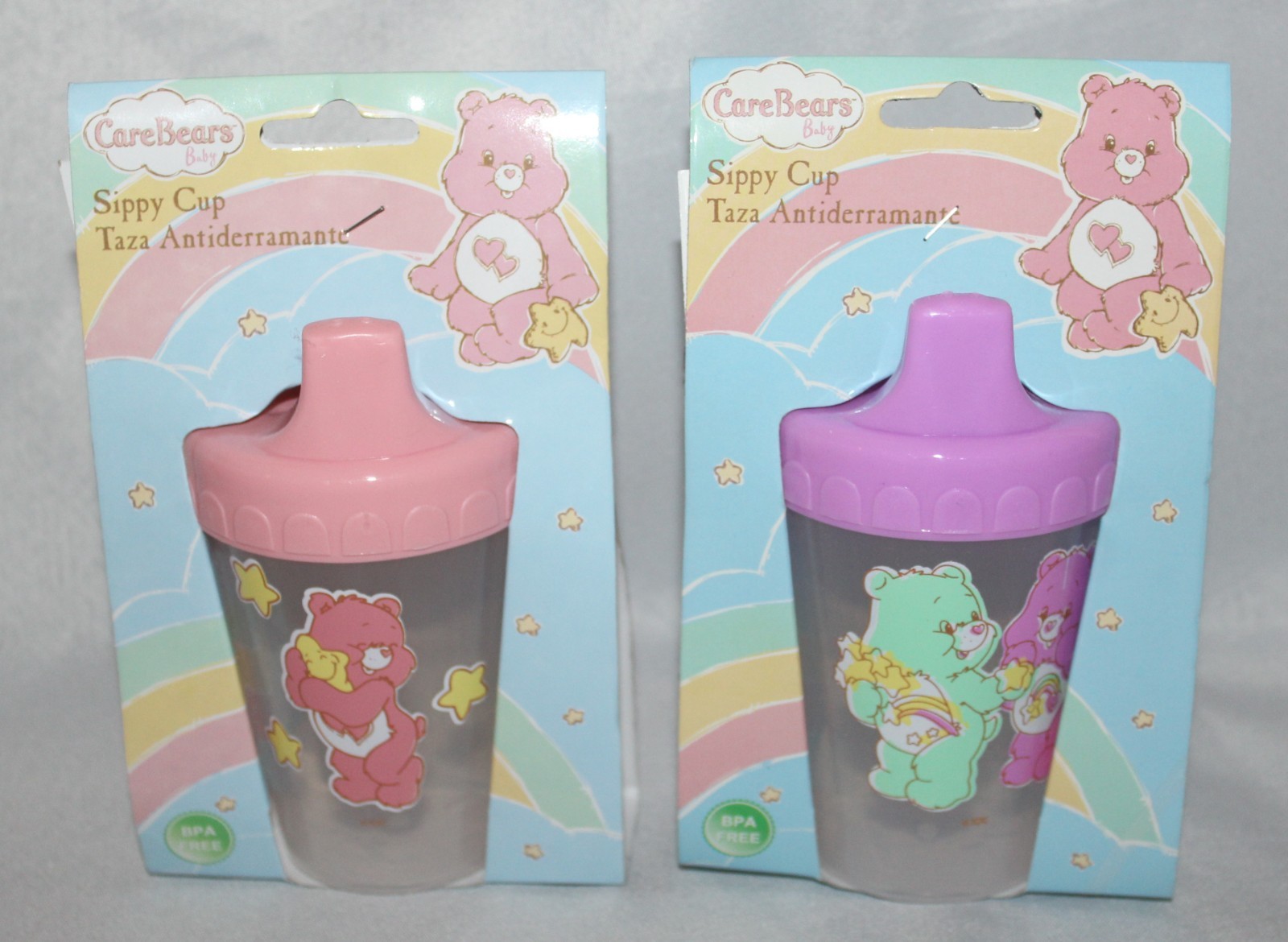 Lot of 2 Vintage 2008 American Greetings Care Bears Baby Sippy Cup Pink Purple