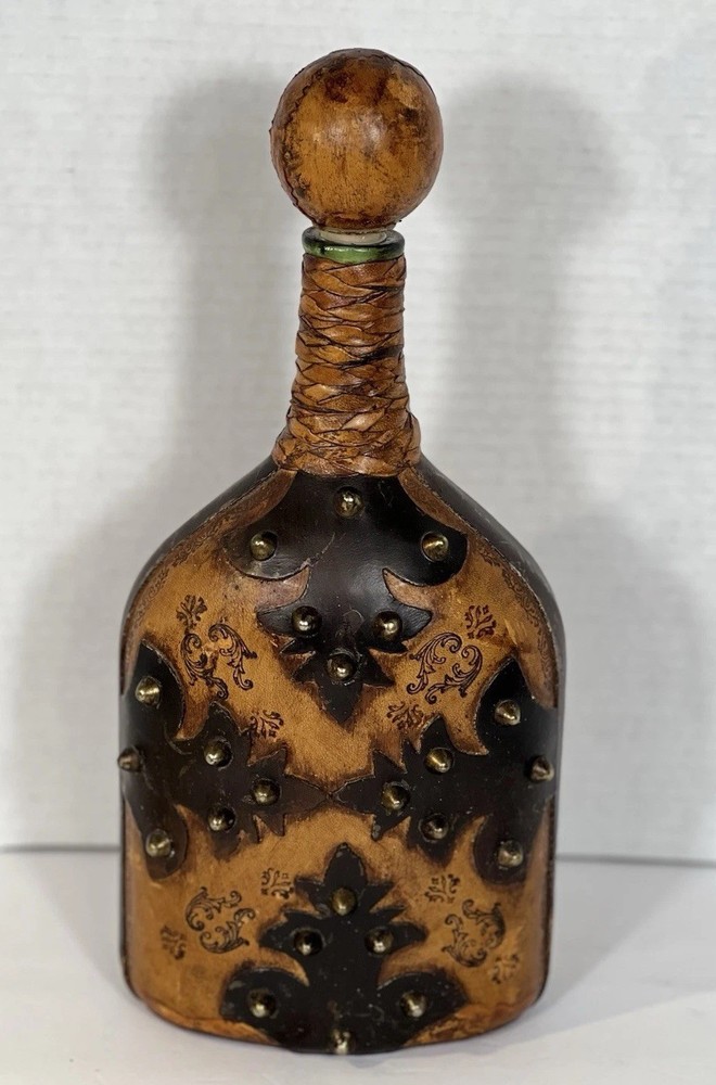 Vintage Leather Wrapped Decanter Bottle Tooled Embossed Brass Studs Barware