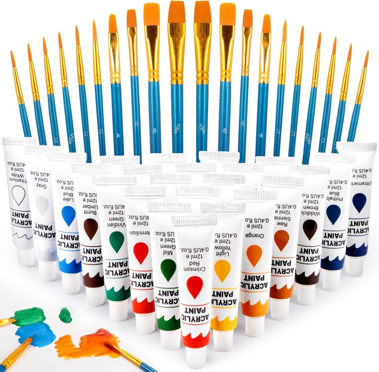 Acrylic Paint Set, 24 Colors 0.4 oz/Bottle with 12 Art Brushes, Art Supplies