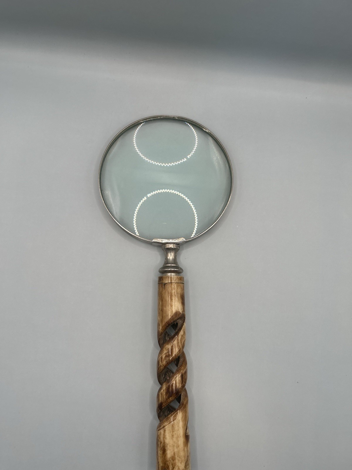 Magnifying Glass, 4" Lens, 10x Magnification Antique Finish Twisted Bone Handle