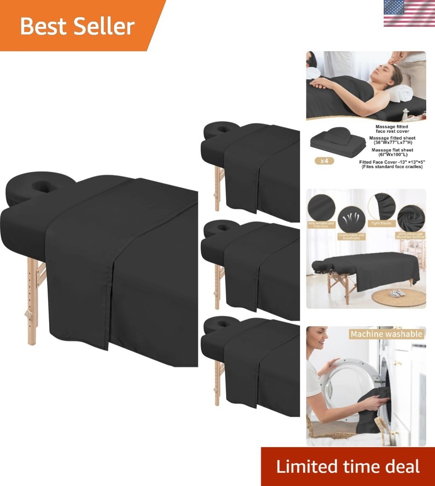 Durable Black Microfiber Massage Table Cover Set - 4 Sets, Washable & Reusable