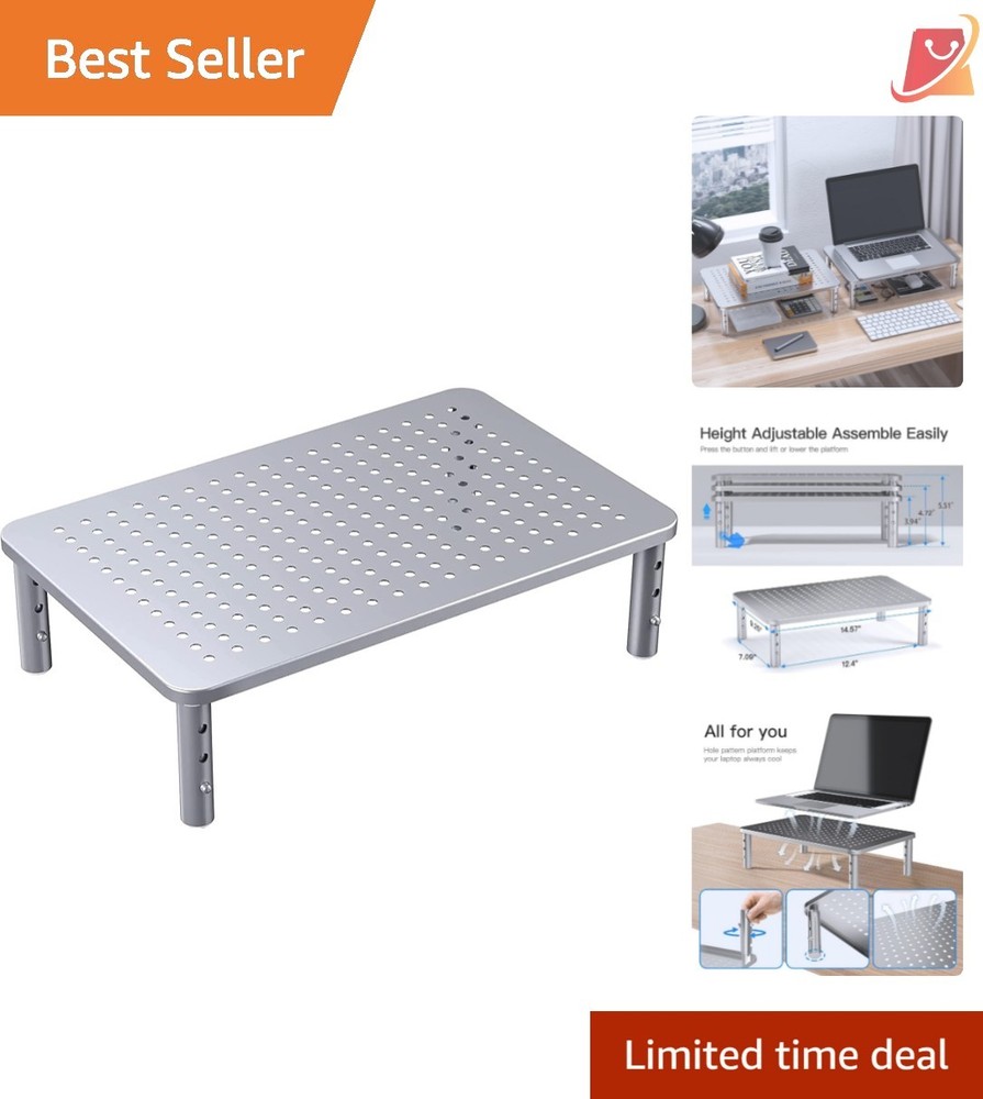 Monitor Riser Metal Adjustable Stand for Laptop PC Printer Ergonomic Silver