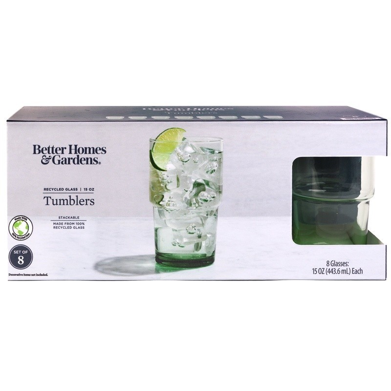 Clear Green Glassware 8 Pack 15oz Stackable Recycled Dishwasher Safe Drinkware