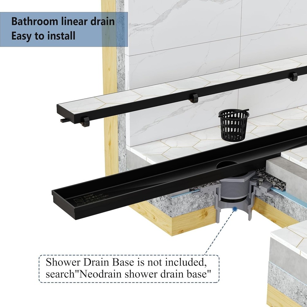 Modern Matte Black Rectangle Shower Drain, 24" Linear Drain
