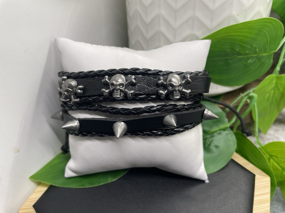2 PC Leather Bracelet Stackable Adjustable Tie Free Crossbones Charm B5218