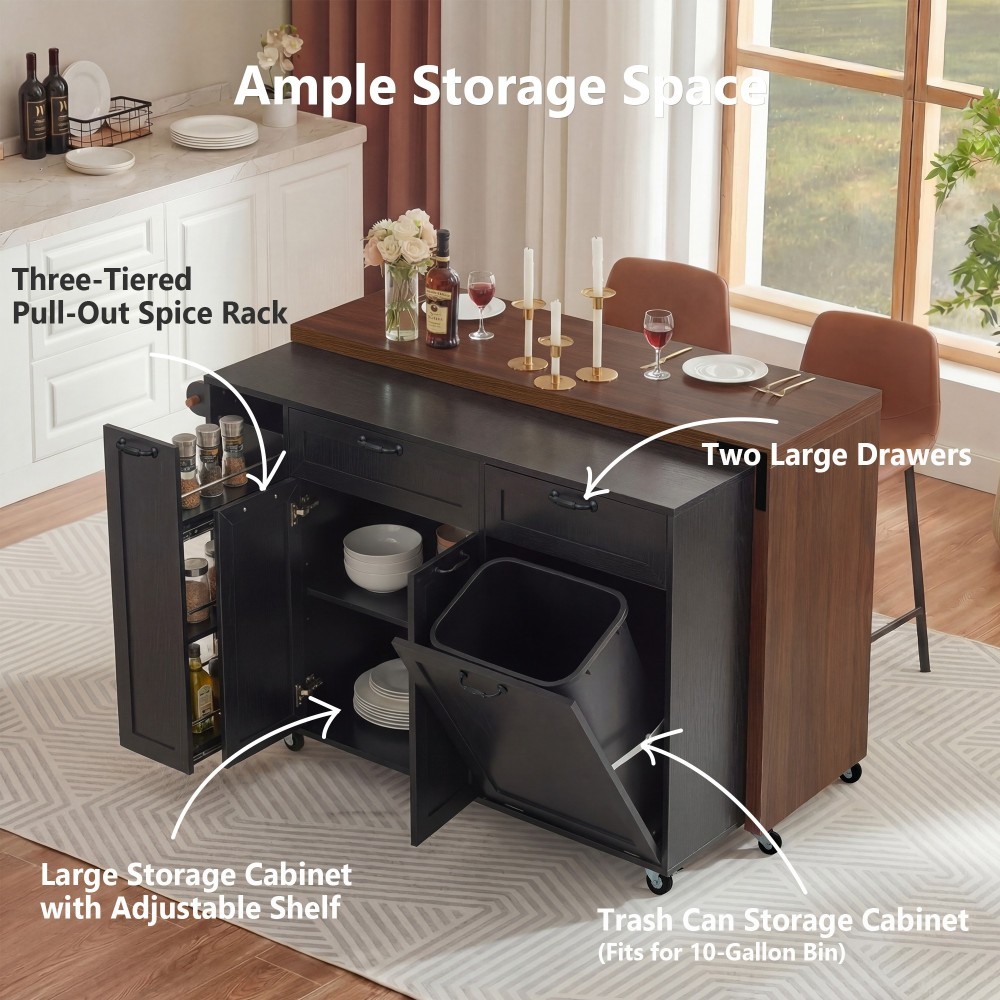 Rolling Kitchen Island with Extendable Dining Table Concealed Trash Storage