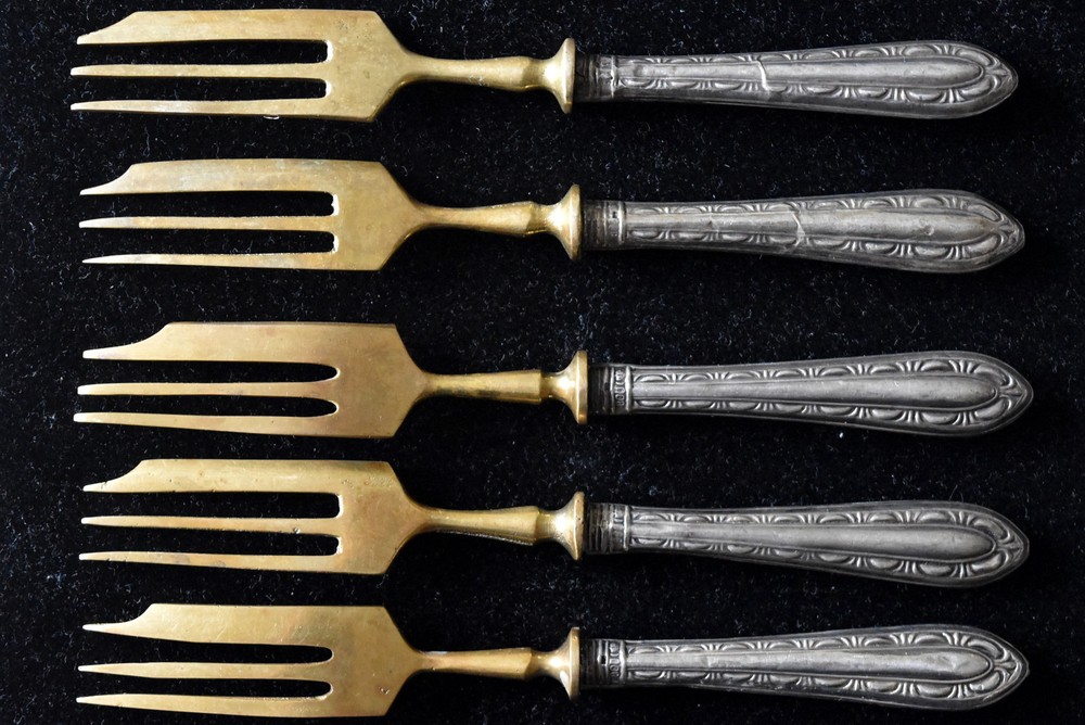 Antique Germany .800 Silver Handle and Brass 5 Fork Set