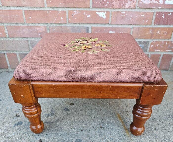 Vintage Footstool Solid Maple Needlepoint Upholstery