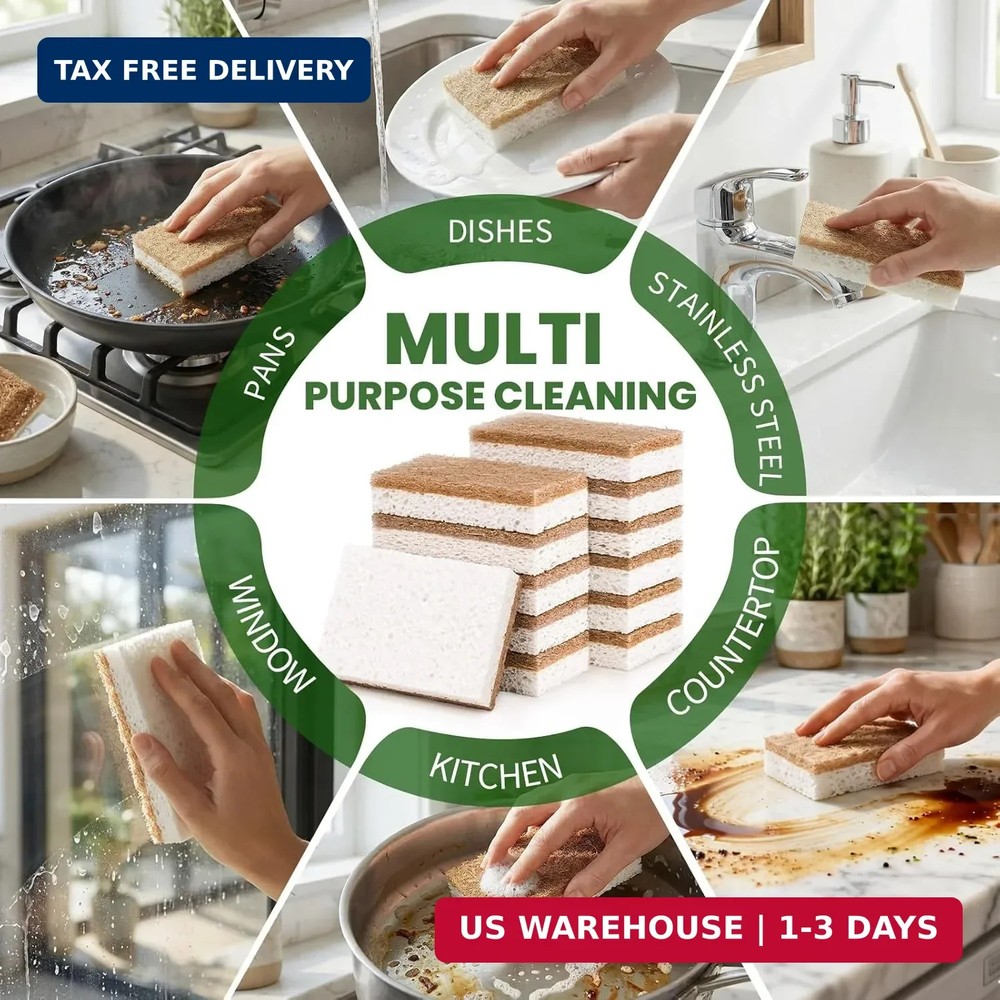 Plant-Based Natural Kitchen Sponges,Biodegradable Non-Scratch Cellulose & Coconu